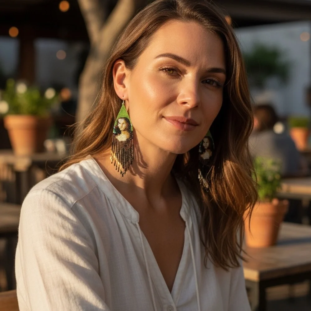 Handcrafted Beaded “Mona Lisa” Earrings – Green & Brown Tones